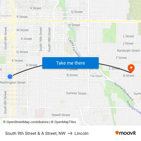 South 9th Street & A Street, NW to Lincoln map