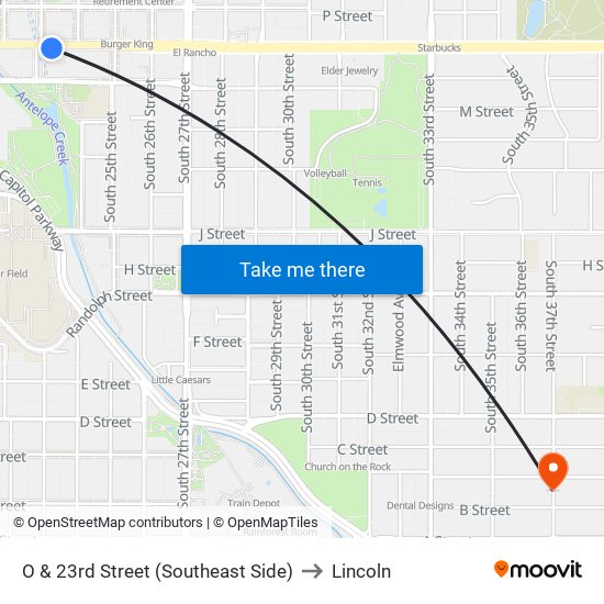 O & 23rd Street (Southeast Side) to Lincoln map