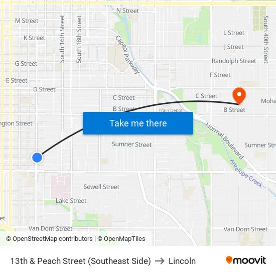 13th & Peach Street (Southeast Side) to Lincoln map