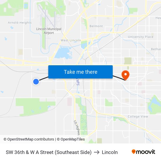 SW 36th & W A Street (Southeast Side) to Lincoln map