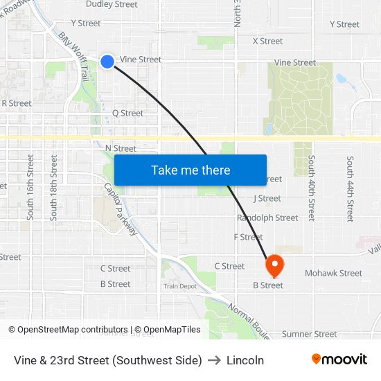 Vine & 23rd Street (Southwest Side) to Lincoln map