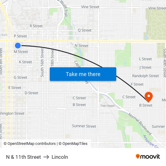 N & 11th Street to Lincoln map