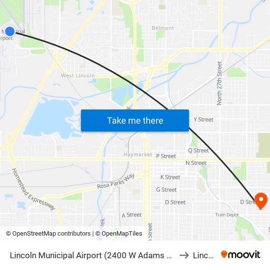 Lincoln Municipal Airport (2400 W Adams Street) to Lincoln map