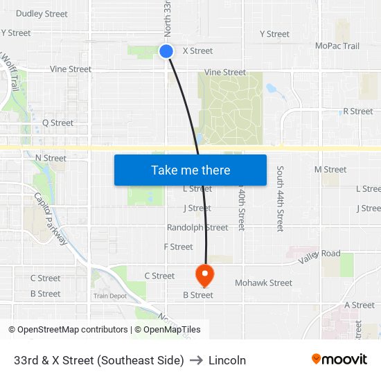 33rd & X Street (Southeast Side) to Lincoln map