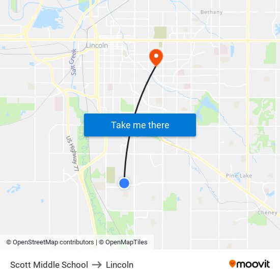 Scott Middle School to Lincoln map