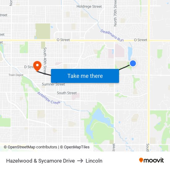 Hazelwood & Sycamore Drive to Lincoln map