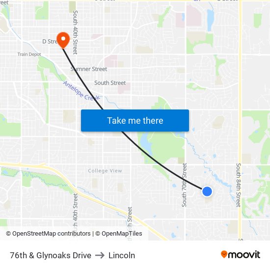 76th & Glynoaks Drive to Lincoln map