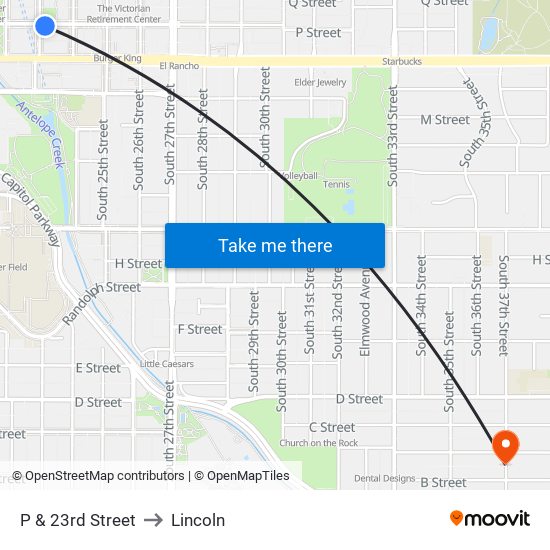 P & 23rd Street to Lincoln map