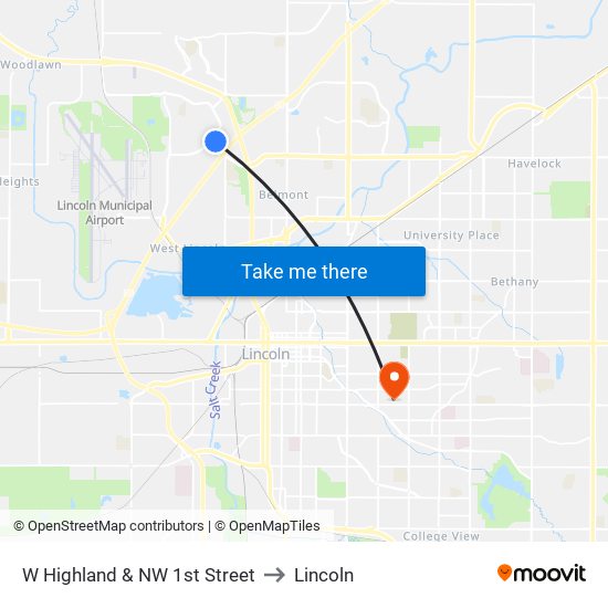 W Highland & NW 1st Street to Lincoln map