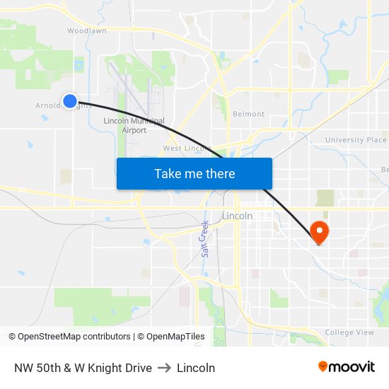 NW 50th & W Knight Drive to Lincoln map