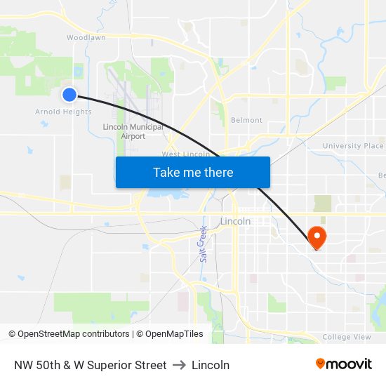 NW 50th & W Superior Street to Lincoln map