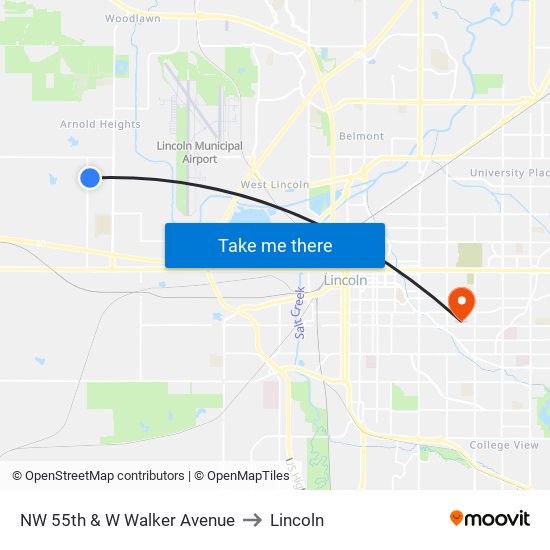 NW 55th & W Walker Avenue to Lincoln map