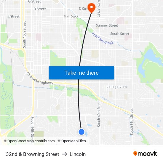 32nd & Browning Street to Lincoln map