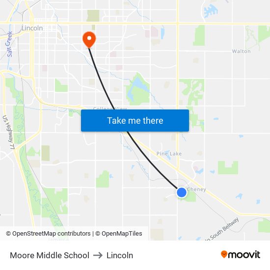 Moore Middle School to Lincoln map