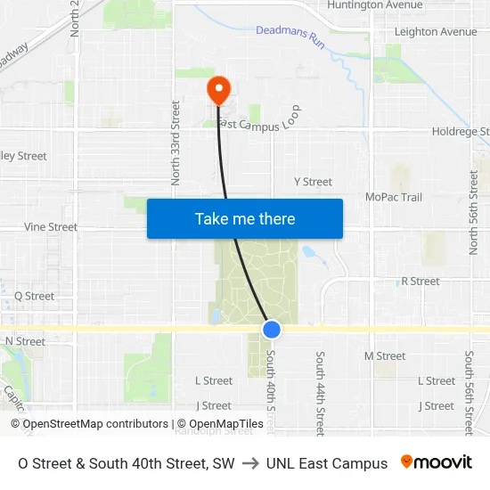 O Street & South 40th Street, SW to UNL East Campus map