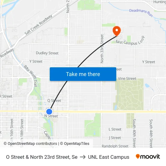 O Street & North 23rd Street, Se to UNL East Campus map