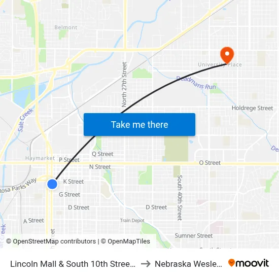 Lincoln Mall & South 10th Street, NE to Nebraska Wesleyan map
