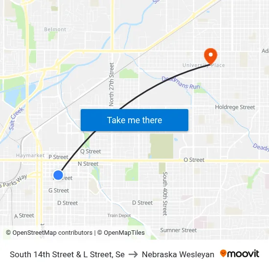 South 14th Street & L Street, Se to Nebraska Wesleyan map