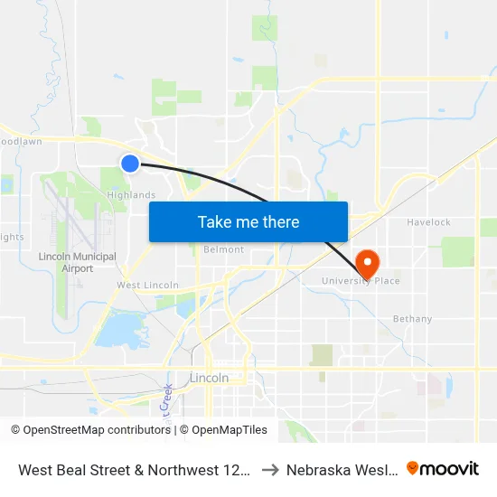 West Beal Street & Northwest 12th Street to Nebraska Wesleyan map