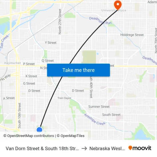 Van Dorn Street & South 18th Street, NE to Nebraska Wesleyan map