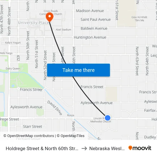 Holdrege Street & North 60th Street, NE to Nebraska Wesleyan map