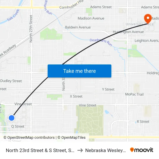 North 23rd Street & S Street, SW to Nebraska Wesleyan map