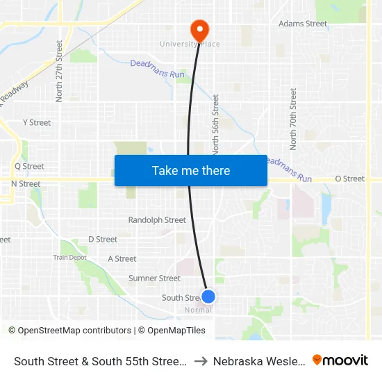 South Street & South 55th Street, SW to Nebraska Wesleyan map