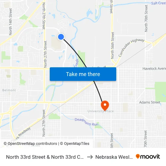 North 33rd Street & North 33rd Circle, NE to Nebraska Wesleyan map