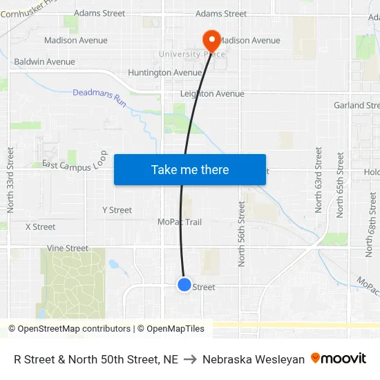 R Street & North 50th Street, NE to Nebraska Wesleyan map