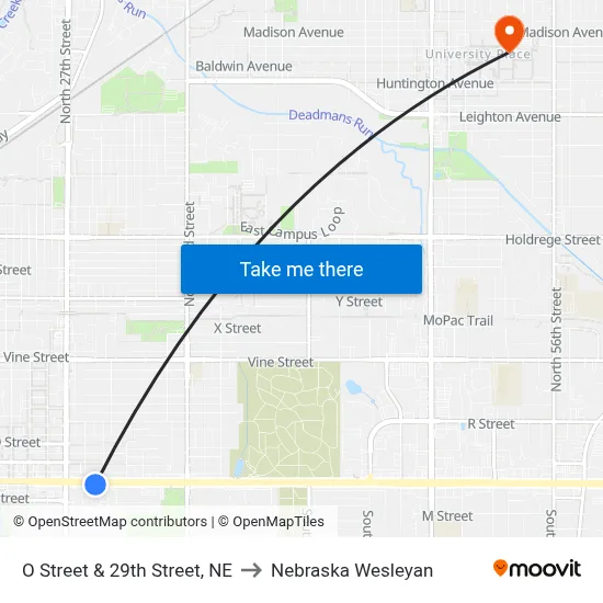 O Street & 29th Street, NE to Nebraska Wesleyan map