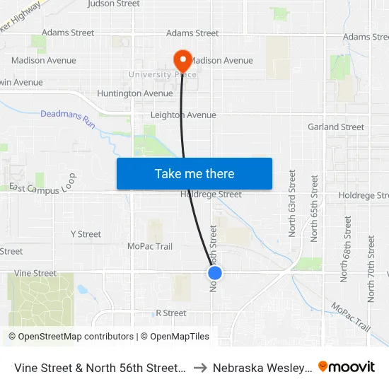 Vine Street & North 56th Street, Se to Nebraska Wesleyan map