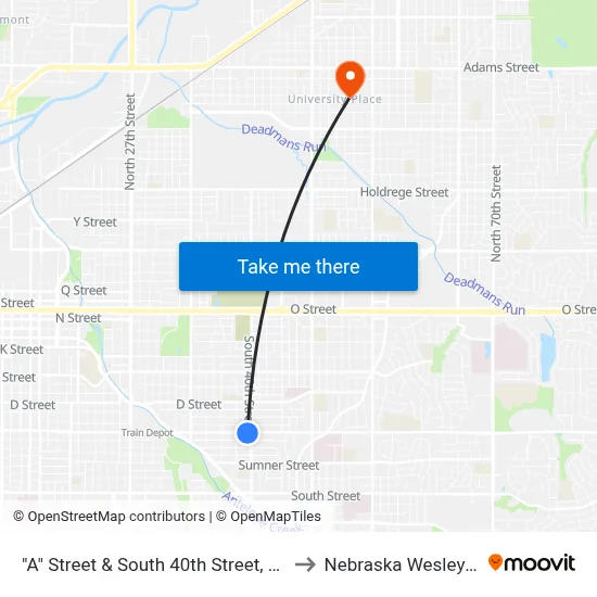 "A" Street & South 40th Street, SW to Nebraska Wesleyan map