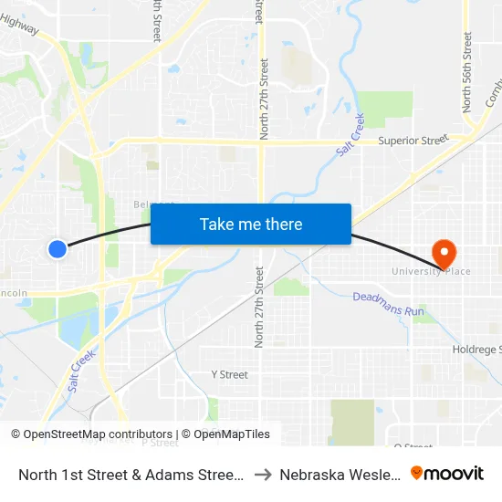 North 1st Street & Adams Street, SW to Nebraska Wesleyan map
