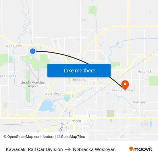 Kawasaki Rail Car Division to Nebraska Wesleyan map