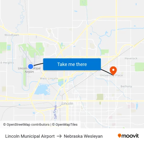 Lincoln Municipal Airport to Nebraska Wesleyan map