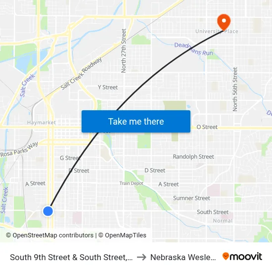 South 9th Street & South Street, SW to Nebraska Wesleyan map