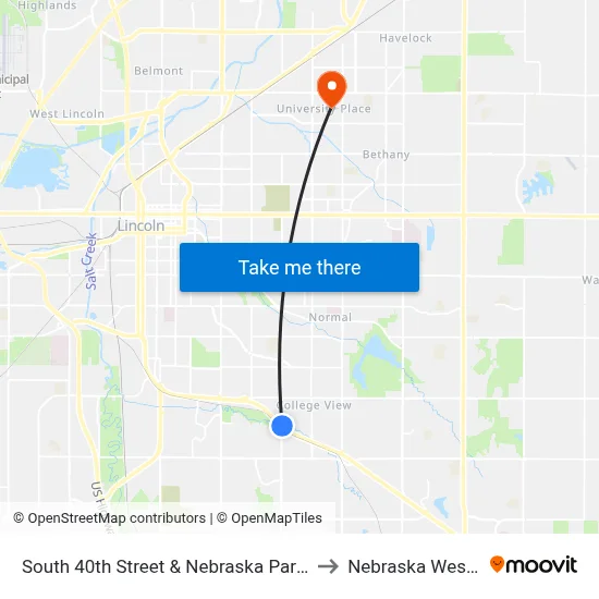 South 40th Street & Nebraska Parkway, NE to Nebraska Wesleyan map