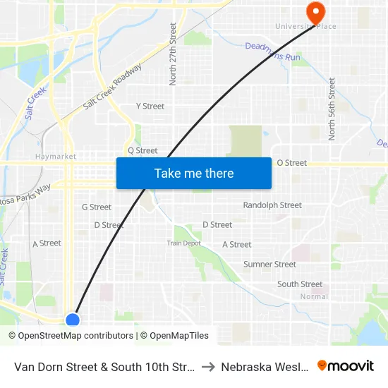 Van Dorn Street & South 10th Street, NE to Nebraska Wesleyan map