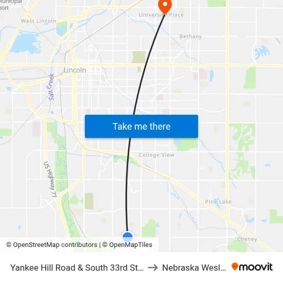 Yankee Hill Road & South 33rd Street, Se to Nebraska Wesleyan map