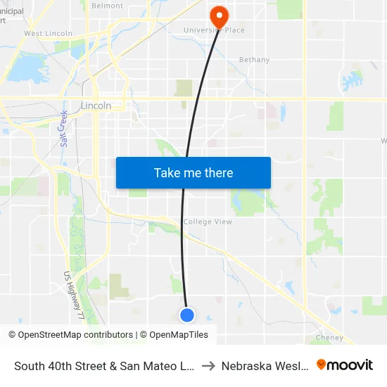 South 40th Street & San Mateo Lane, NE to Nebraska Wesleyan map