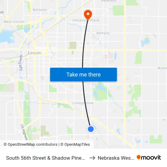 South 56th Street & Shadow Pines Drive, NE to Nebraska Wesleyan map