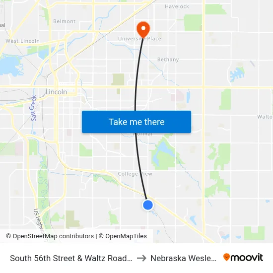 South 56th Street & Waltz Road, NE to Nebraska Wesleyan map