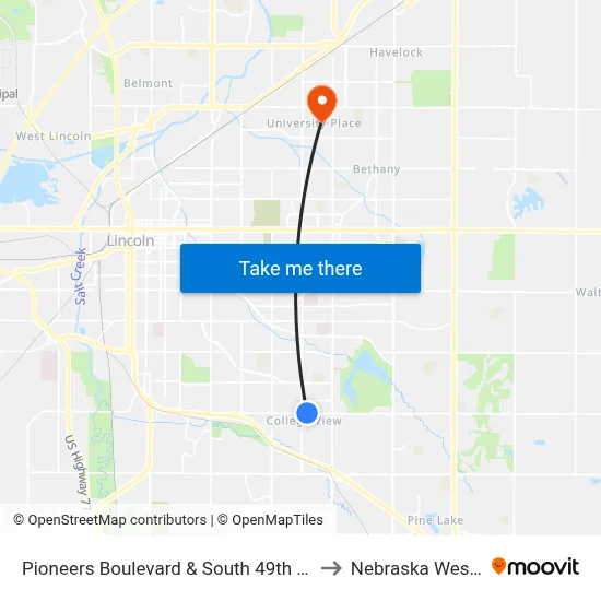 Pioneers Boulevard & South 49th Street, NE to Nebraska Wesleyan map