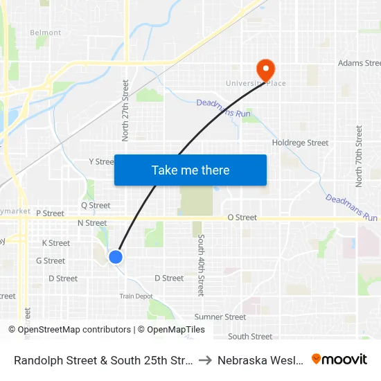 Randolph Street & South 25th Street, NE to Nebraska Wesleyan map