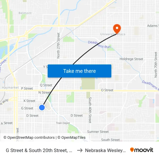 G Street & South 20th Street, NE to Nebraska Wesleyan map