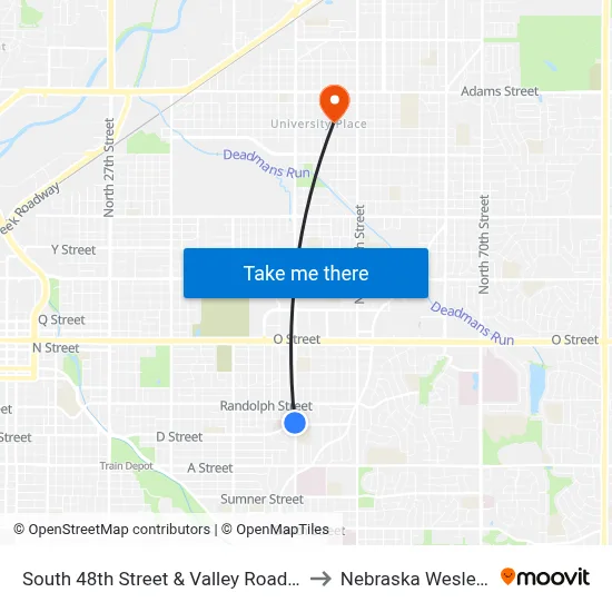 South 48th Street & Valley Road, NW to Nebraska Wesleyan map
