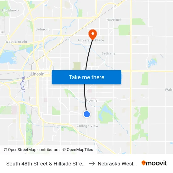 South 48th Street & Hillside Street, SW to Nebraska Wesleyan map