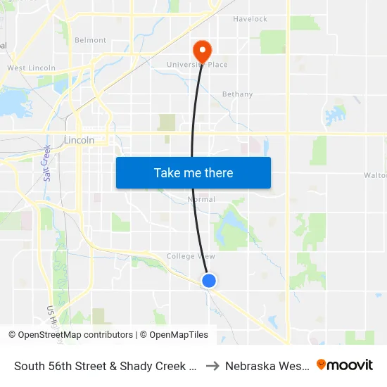 South 56th Street & Shady Creek Road, NW to Nebraska Wesleyan map