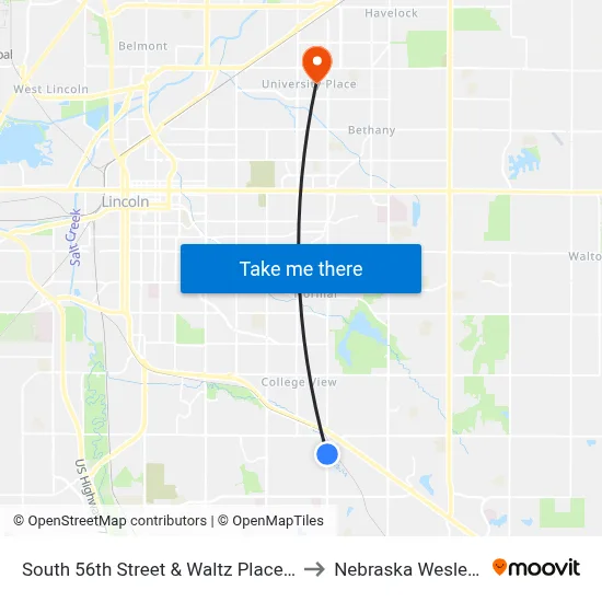 South 56th Street & Waltz Place, SW to Nebraska Wesleyan map