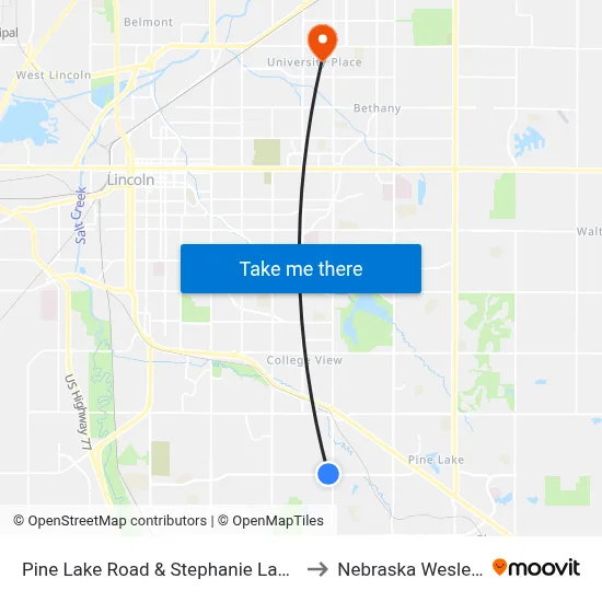 Pine Lake Road & Stephanie Lane, NE to Nebraska Wesleyan map